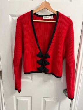 Liz Claiborne Vintage Red Ribbed V-Neck Cardigan with Black Trim